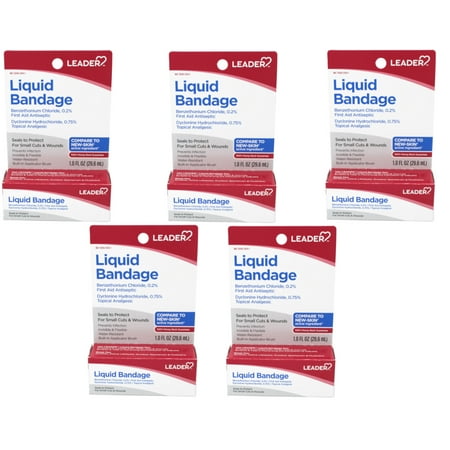 Leader Liquid Bandage with Benzethonium Chloride 0.2% , First Aid Antiseptic, Seals to Protect, for Small Cuts & Wounds, 1 fl oz - 5 Pack