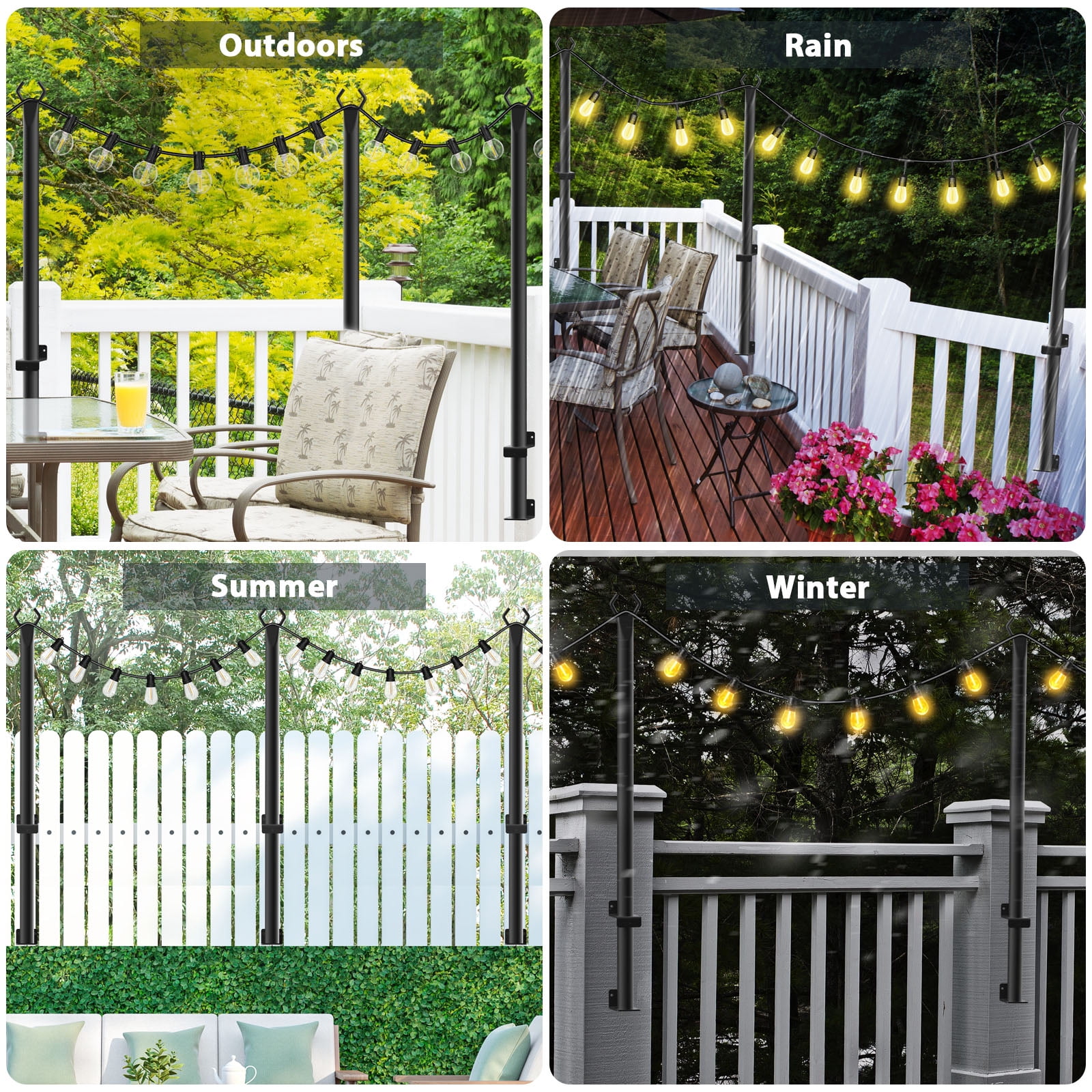 4pack 5 Ft String Light Poles, String Light Poles for Outside with Fixing Clips,Metal Poles for Outdoor String Lights, Hanging Light Poles for Deck Fence Garden Backyard Wall Bistro