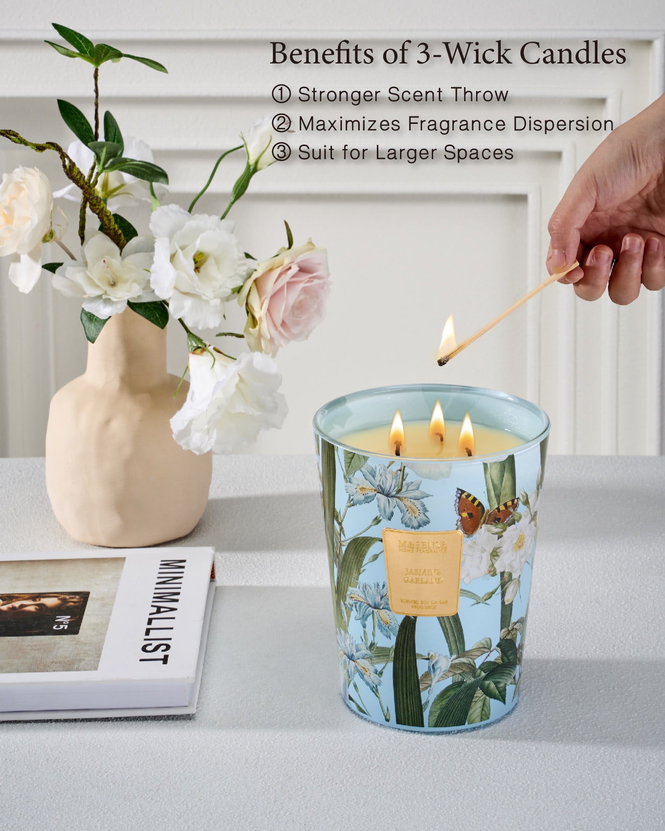 M&SENSE Jasmine Candles Scent, 3 Wick 35 oz, 150 Hours Burn Extra Large Jar Candles, Natural Soy Wax