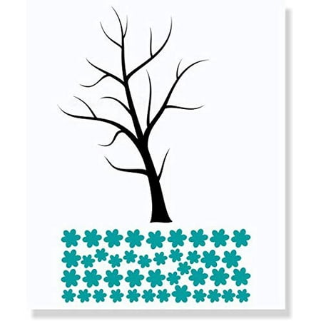 Large Black Tree Wall Decal with Blowing Teal Blue Flowers Best DIY Wall Art Living Room Decor Vinyl Art Sticker -