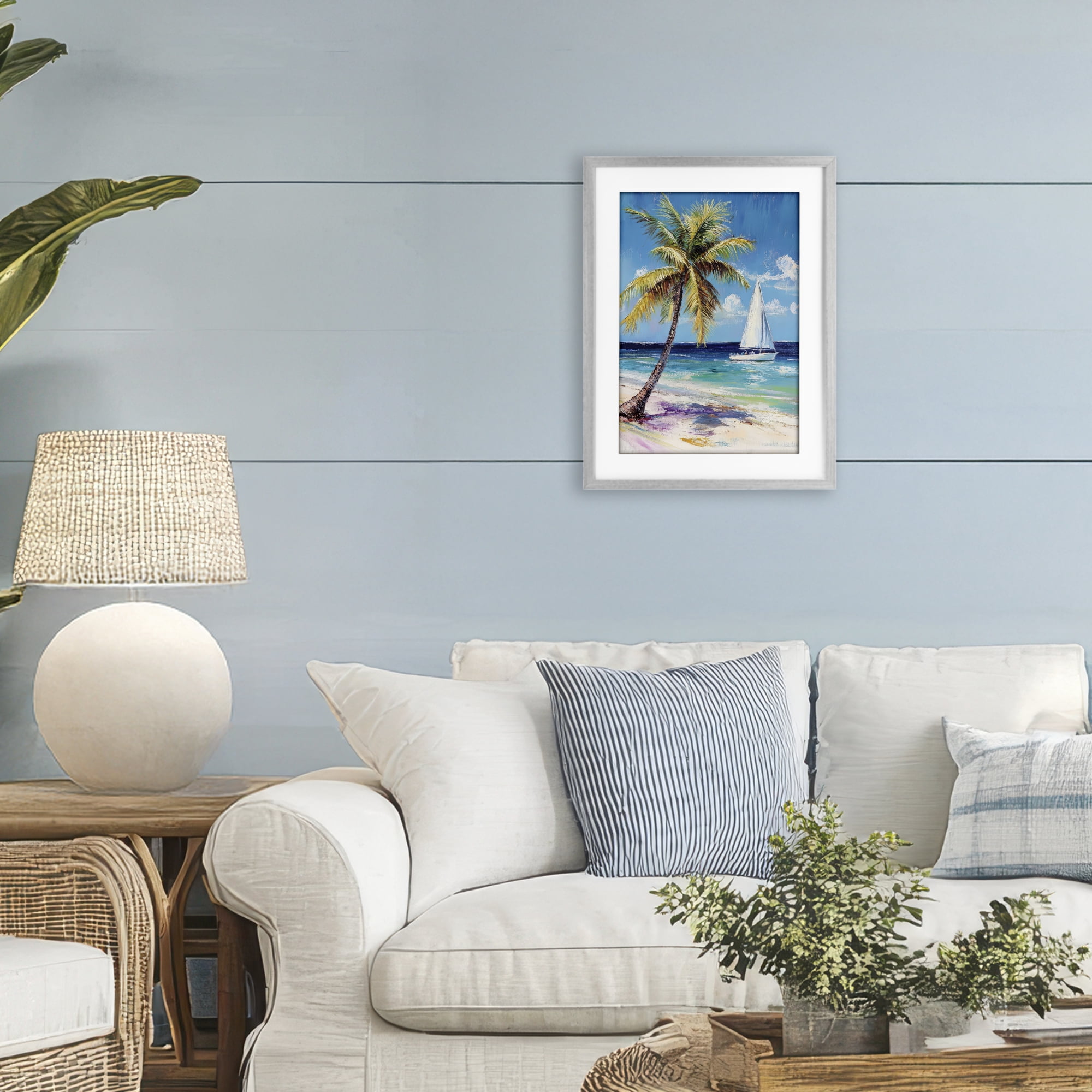 Stupell Industries Sailboat Delight with Palm Tree Gray Framed Print Under Glass, design by Petal Prints Design