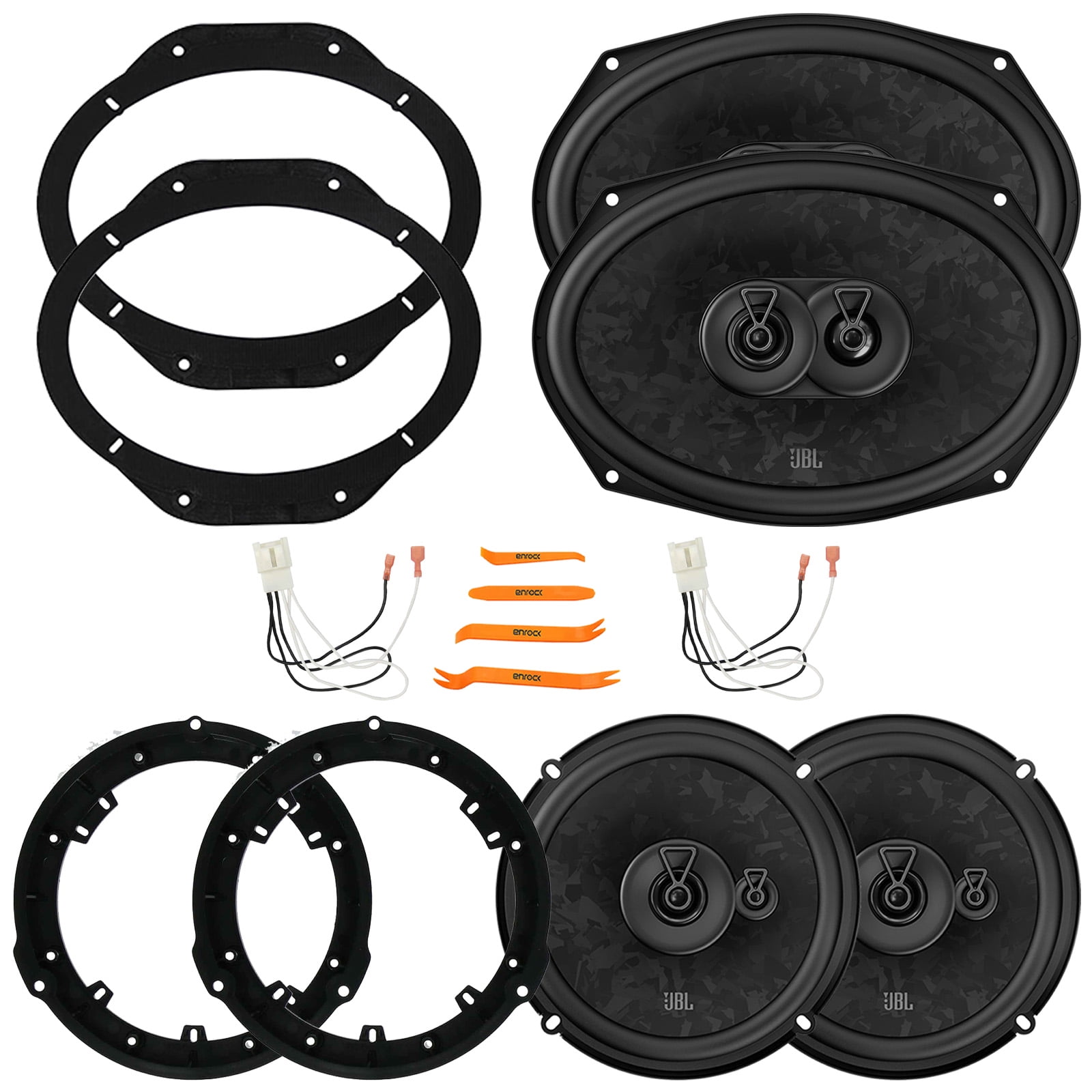 2x JBL Stage3 968MF 6x9" 640 Watt Max Power 3-Way Car Audio Speakers w/Adapters, 2x JBL Stage3 68MF 6.5" 560 Watt Max Power 3-Way Automotive Speakers w/Adapters, 2x Speaker Connector, Pry Tool Set