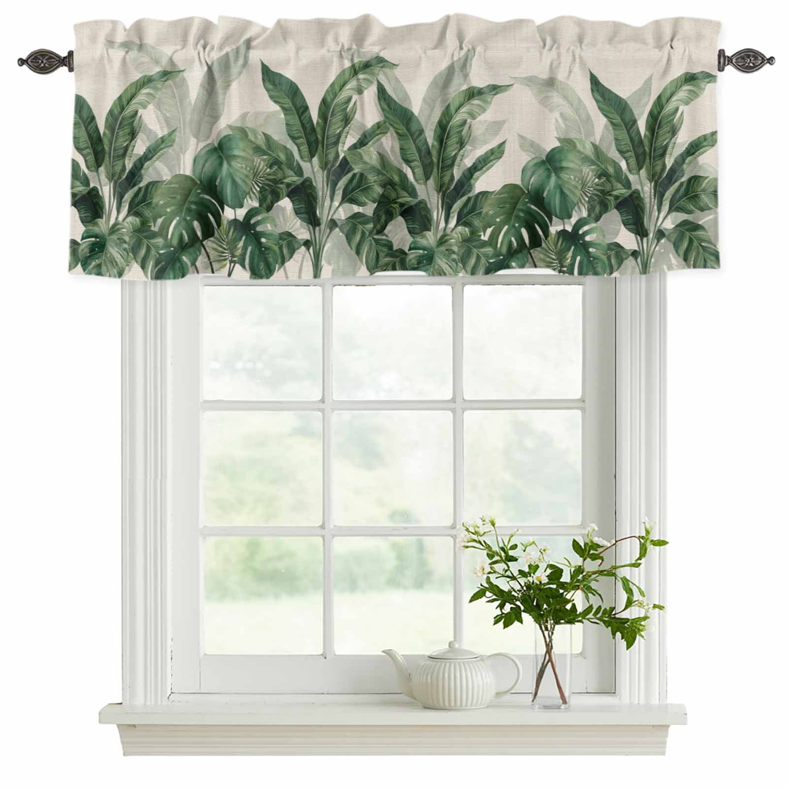2 Pack Valances for Windows, Palm Leaves Tropical Window Valances for Living Room/Bedroom/Bathroom, Green Botanical Summer Linen Light Filtering Kitchen Curtain Valance Window Treatment 60"W x18" L