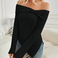 thumbnail image 6 of Kaemgyyd Off the Shoulder Tops for Women Basic Solid Color Long Sleeve Tops Rib Knit Sweater Asymmetrical Hem Pullover, 6 of 7