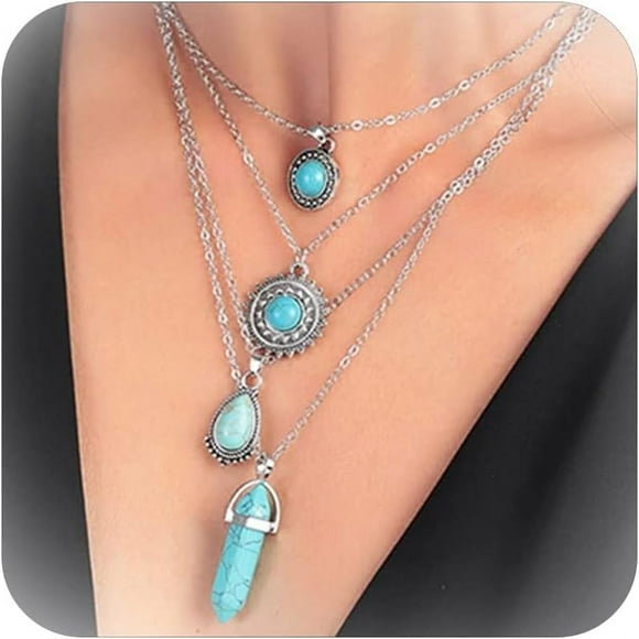 HAHDAXIA 4Pcs Turquoise Necklace for Women Western Layered Necklace Turquoise Pendant Necklace Sliver Choker Necklace Jewelry for Women Girls