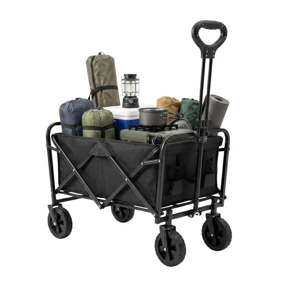 OVENTE Collapsible Foldable Wagon, 220lbs Weight Capacity, Black WFU011B | Heavy-Duty Fabric and Metal Frame, Portable Folding Utility Cart for Grocery Shopping, Outdoor Sports, Beach and Camping