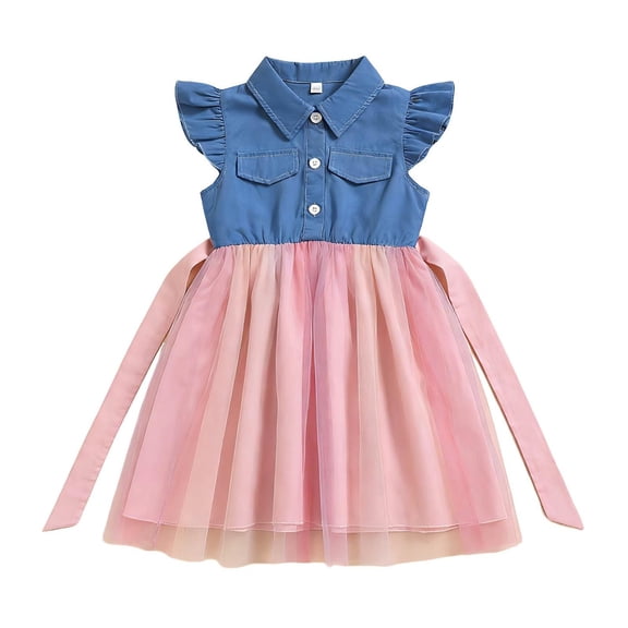 Toddler Girls 2 Pieces Outfits Crew Neck Flutter Sleeve Patchwork Denim Gradient Mesh Dress Kids Clothing Sets Size 2-3T