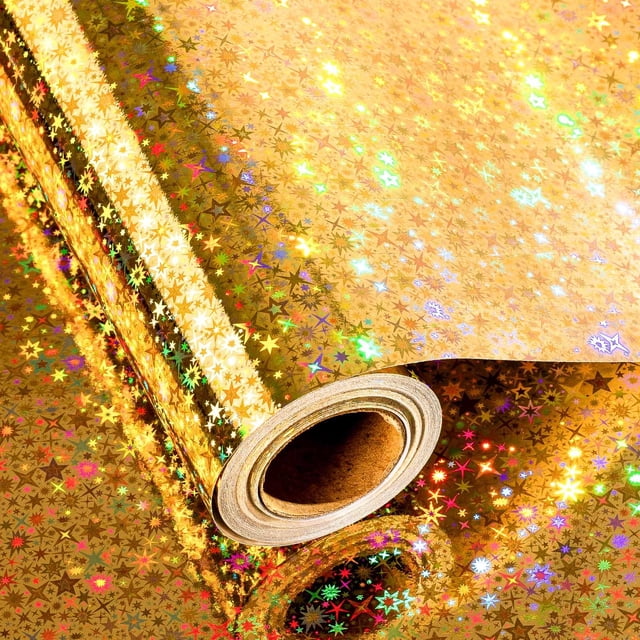 Papel de Envoltura Merture 43 cm x 10 m con Estrellas Holográficas Doradas