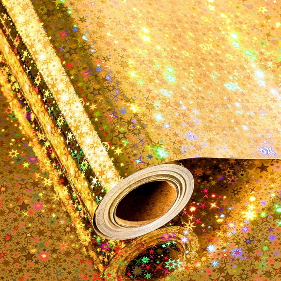 Papel de Envoltura Merture 43 cm x 10 m con Estrellas Holográficas Doradas