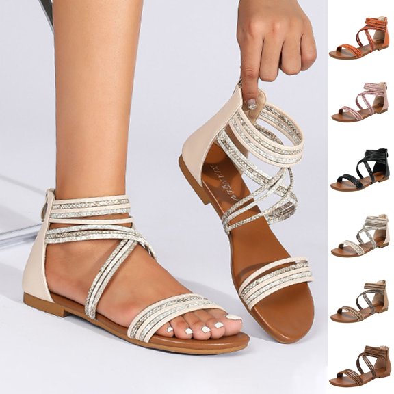 YangJinLian Women Dressy Summer Flat Strappy Cute Casual Beach Shoes Pink