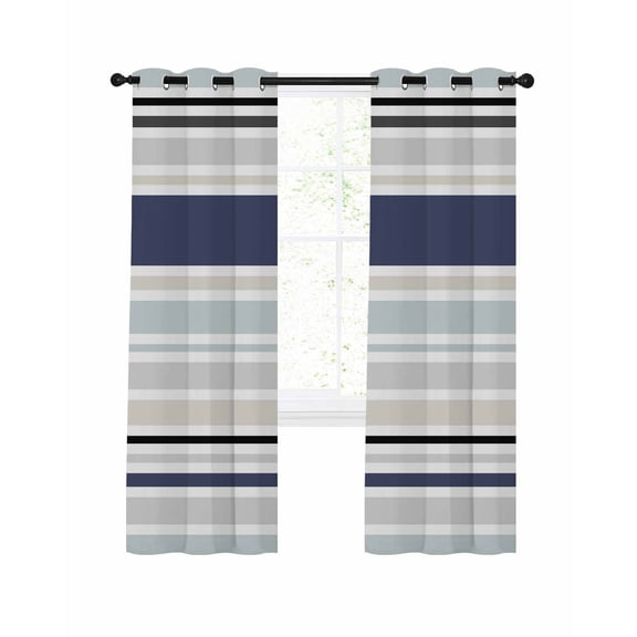 Blue Black Grey Striped Blackout Curtains 54 Inches Long for Bedroom, Farmhouse Stripes Thermal Insulated Room Darkening Black Out Window Curtain Panels Grommet Drapes for Living Room