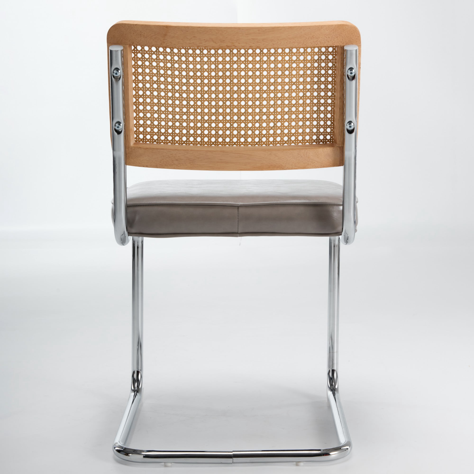 GARITIN Dining Chairs Set of 2, Mid-Century Cane Rattan Dining Chair with Solid Wood Frame, Faux Leather Seat, Cantilever Chrome Metal Armless Side Chair for Kitchen, Gray