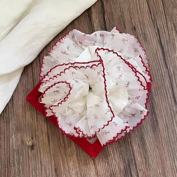 White Scrunchies Soft Cheer Cotton Large Ponytail Holder Scrunchies for Girls Thick Hair Floral Printed Scrunchies