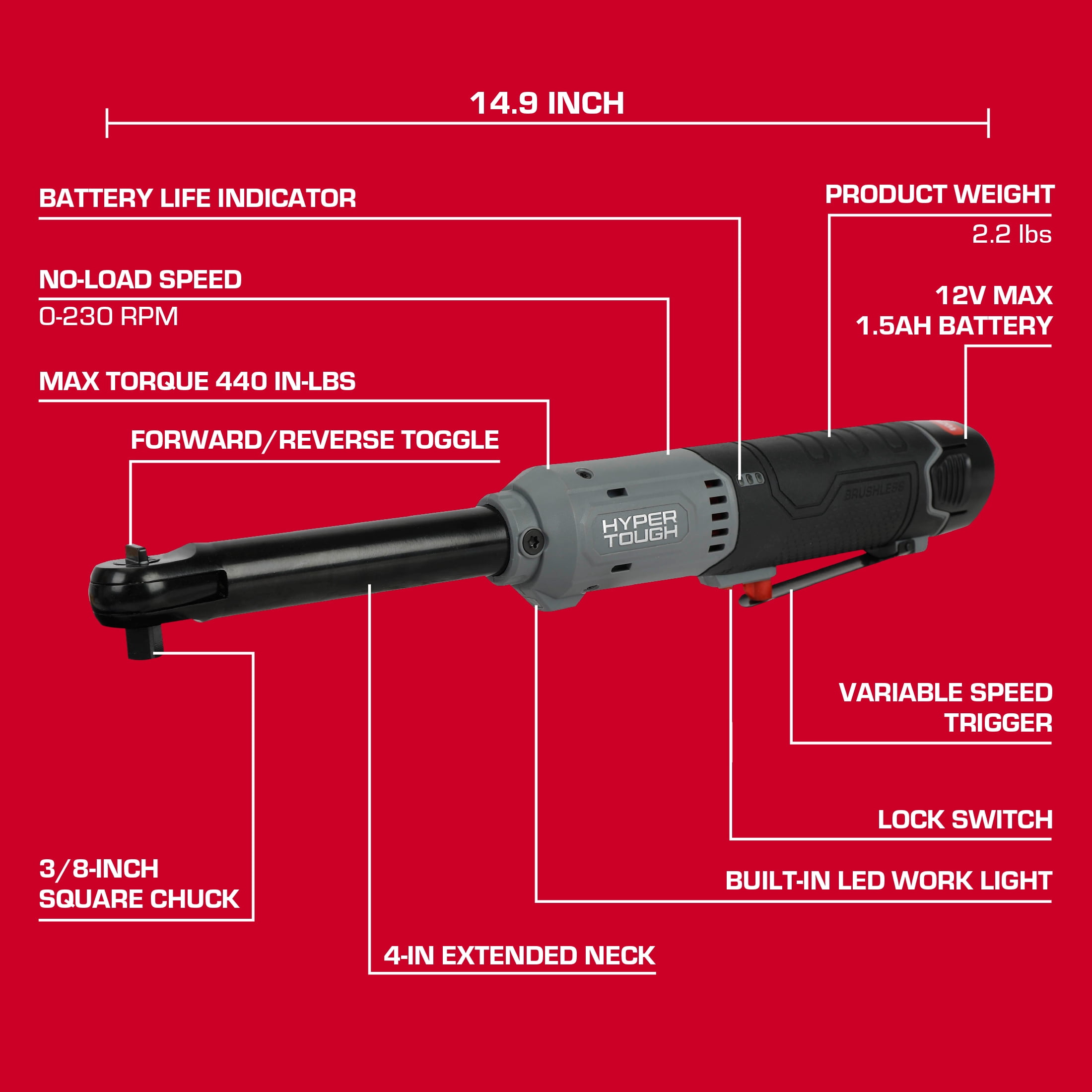Hyper Tough 12V Max Brushless 3/8-inch Extended Reach Cordless Ratchet Wrench with 1.5Ah Battery
