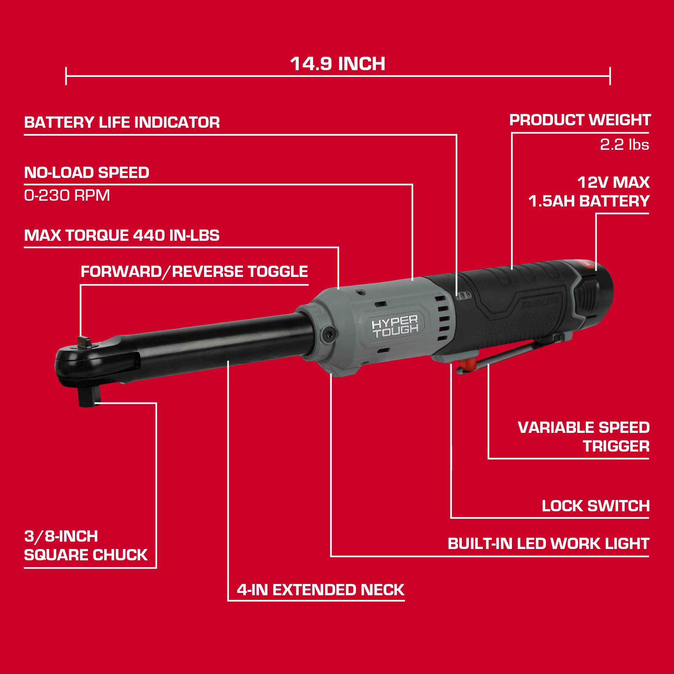 Llave de carraca inalámbrica Hyper Tough de 12V Max sin escobillas de 3/8 de pulgada de alcance extendido con batería de 1.5Ah 4