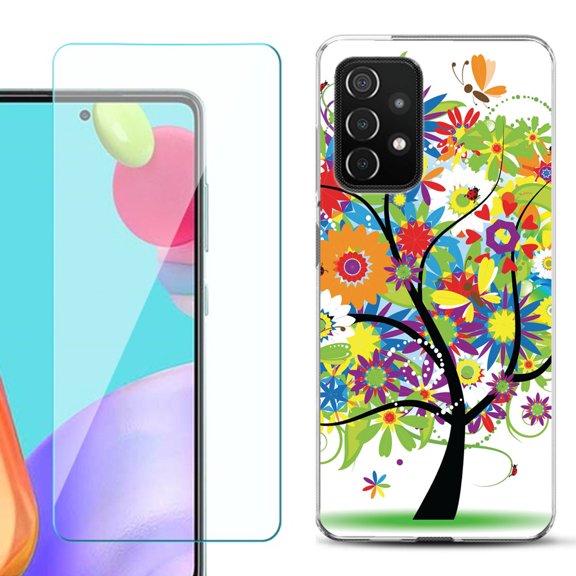 Slim-Fit Flexible Gel TPU Phone Case compatible with Samsung Galaxy A52 5G, with Tempered Glass Screen Protector, by OneToughShield ® - Colorful Tree