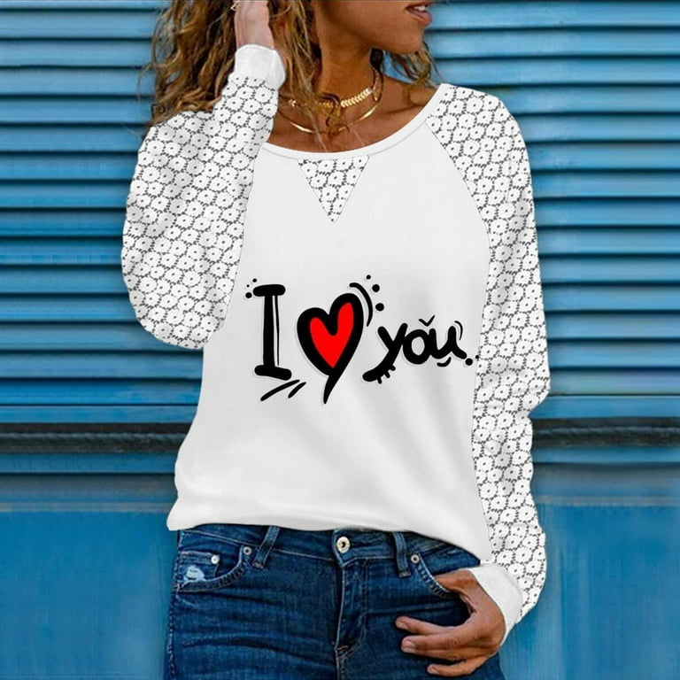 HAPIMO Rollbacks Valentine's Day Shirts for Women Lace Long Sleeve T-Shirt  Womens Classic Cozy Blouse Crewneck Pullover Valentine Graphic Print Tops