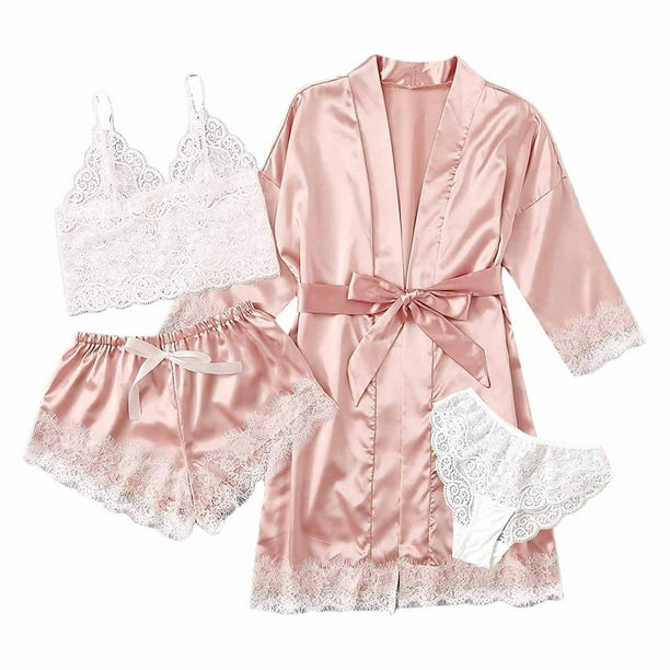 Conjunto de pijama de encaje de cuatro piezas para mujer, traje de tirantes, lencería sexy para mujer, bata de seda para dormir, encaje