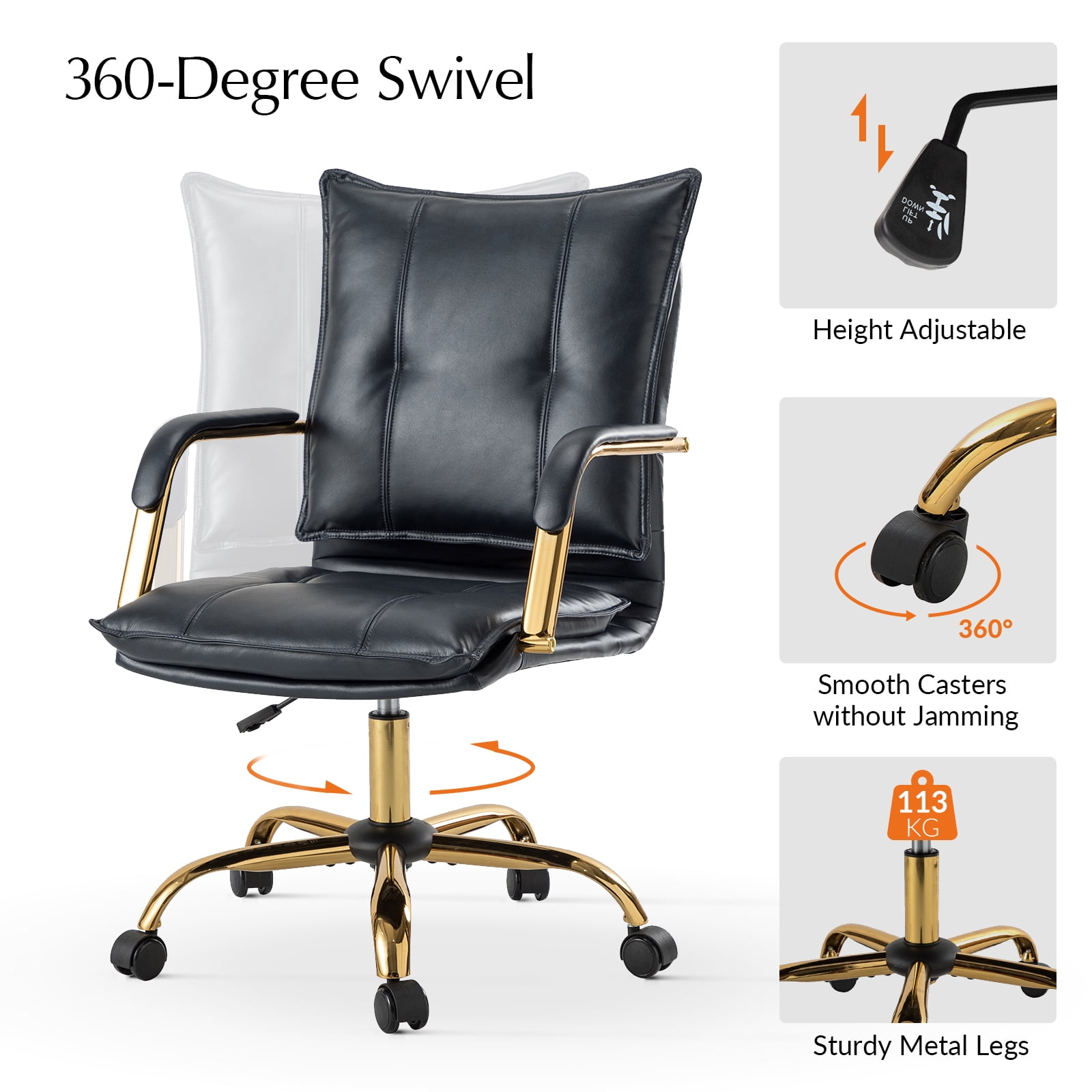 Faux Leather Office Chair Adjustable Swivel Desk Chair with Golden Legs and Arms Upholstered, Black
