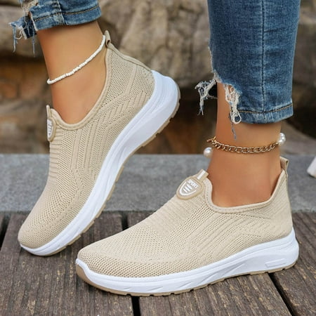 GUOBIOZIY Womens Walking Shoes Slip on Sneakers Comfortable Knitted Mesh Sneakers Lightweight Casual Work Shoes Khaki 8.5
