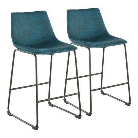 Carbon Loft Richard Industrial Counter Stool (Set of 2) blue fabric/black stitch Polyester  Foam Polyester Add a splash of contemporary color to your kitchen with these Richard counter stools. The sleek sled bases support sculpted seats  upholstered in your choice of fabric or faux leather. Each plush seat is accented with zig-zag stitching for added durability and contrast. Features: Black metal frame Foam fill Upholstered seat Modern  industrial style Blue fabric with black stitching Green faux-leather with orange stitching Light-grey fabric with black stitching Zig-zag stitching Sculpted seat Integrated foot rest Sled base Includes 2 counter stools Requires assembly Dimensions: Overall: 35.5 inches high x 18 inches wide x 20.5 inches deep Seat: 25 inches high x 18 inches wide x 14.5 inches deep Weight capacity: 250 pounds