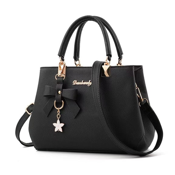 Women's PU Leather Handbag with Star Charm, Black Tote Bag with Adjustable Strap, Large Capacity Crossbody Shoulder Purse for Work Daily Commute Shopping Travel