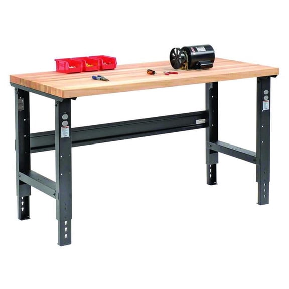 Global Industrial GBE318912BK Standard Duty Butcher Block Top Adjustable Height Workbench, 2000 lbs, 60 x 30 x 30.88 to 36.88 in., Birch & Black