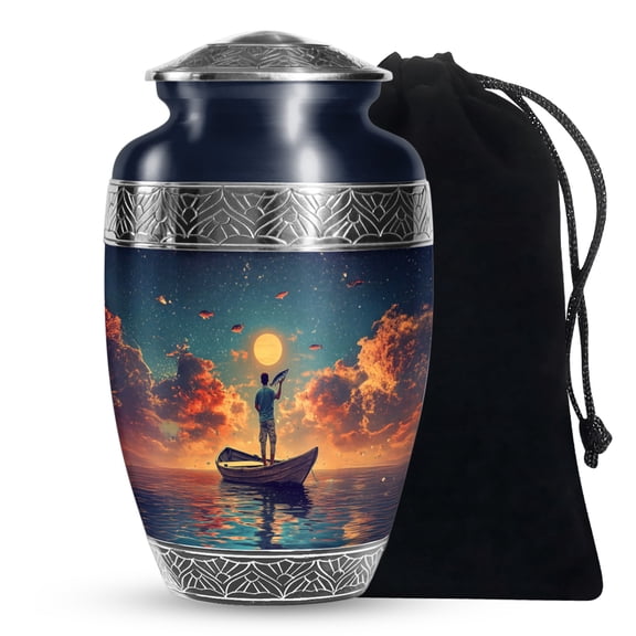 JAGASY Fishing Large Urn for Ashes Adult Male & Female - Dark Green Urn for Ashes for Women - Sunset Water Boat Decorative Urns for Burial - Cremation Urns for Son & Daughter - (10 Inch)