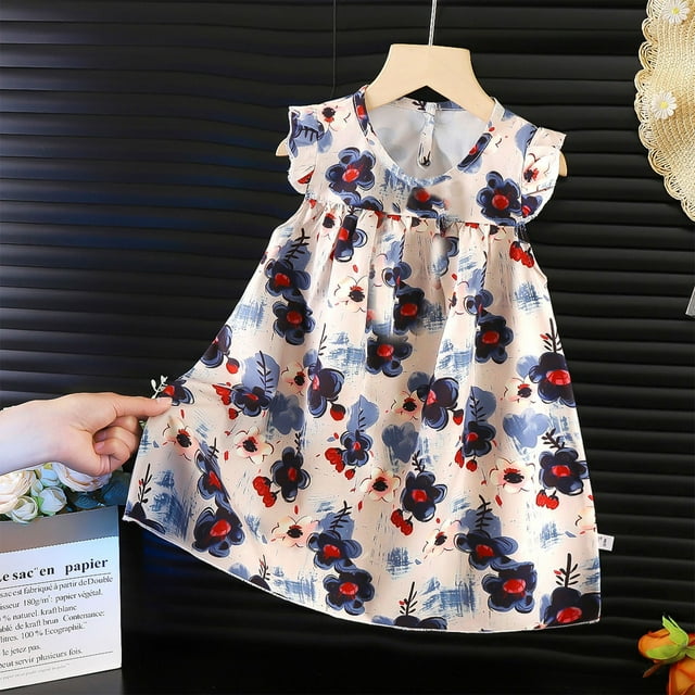 LOVZFMLL Girls' Summer Sleeveless Printed Round-Neck Embroidery Mesh Princess Bow Skirt