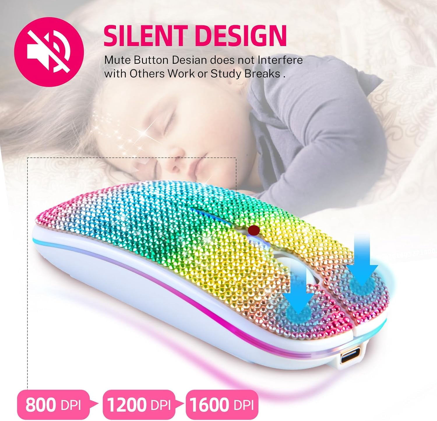 Bling Rhinestone Bluetooth Mouse, 2.4G Rechargeable Wireless Slim Mouse with USB Receiver, Sparkling Glitter Mouse for PC Laptop MacBook, Gift for Women