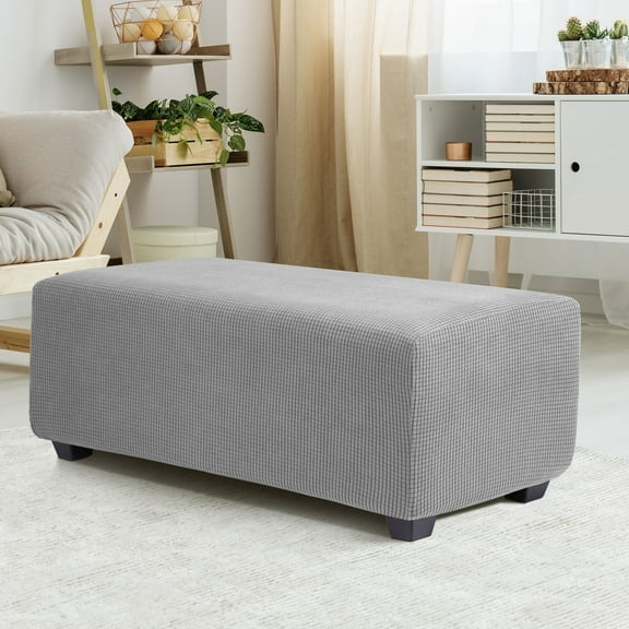 REGALWOVEN High Stretch Ottoman Cover with Elastic Bottom, Soft Slipcover Jacquard Fabric Storage Stool Cover Furniture Covers Light Gray X-Large