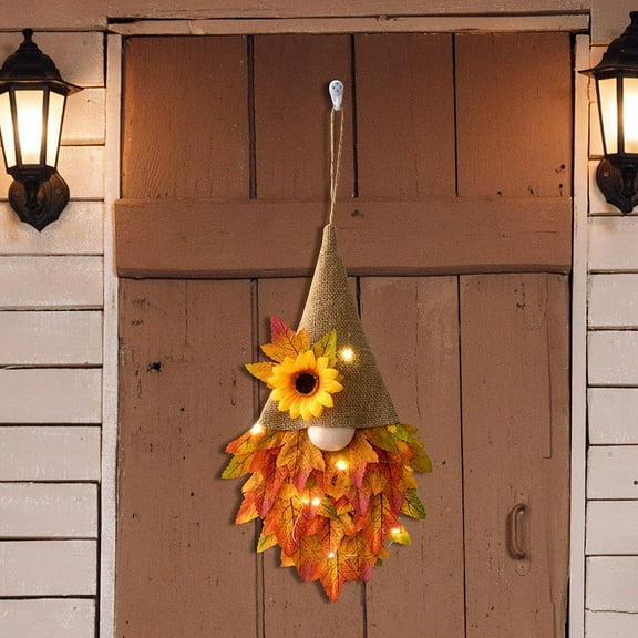 Fall Maple Leaf Gnome Wreaths for Front Door with Lights, 14.6'' Autumn Door Wreath Gnome, Maple Leaf Fall Decorations Wreath, Fall Wreath for Halloween Decorations, Thanksgiving, Harvest Festival
