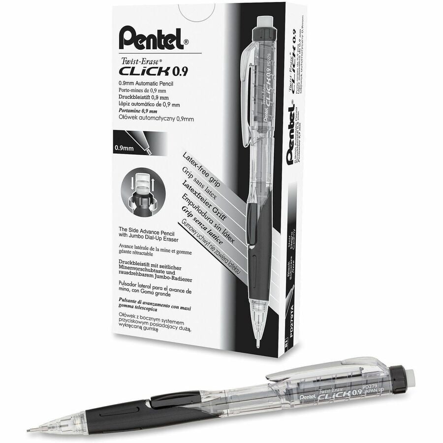 Twist-Erase CLICK Mechanical Pencil (0.9mm) CLEAR Barrel, Black Grip, 12 Count