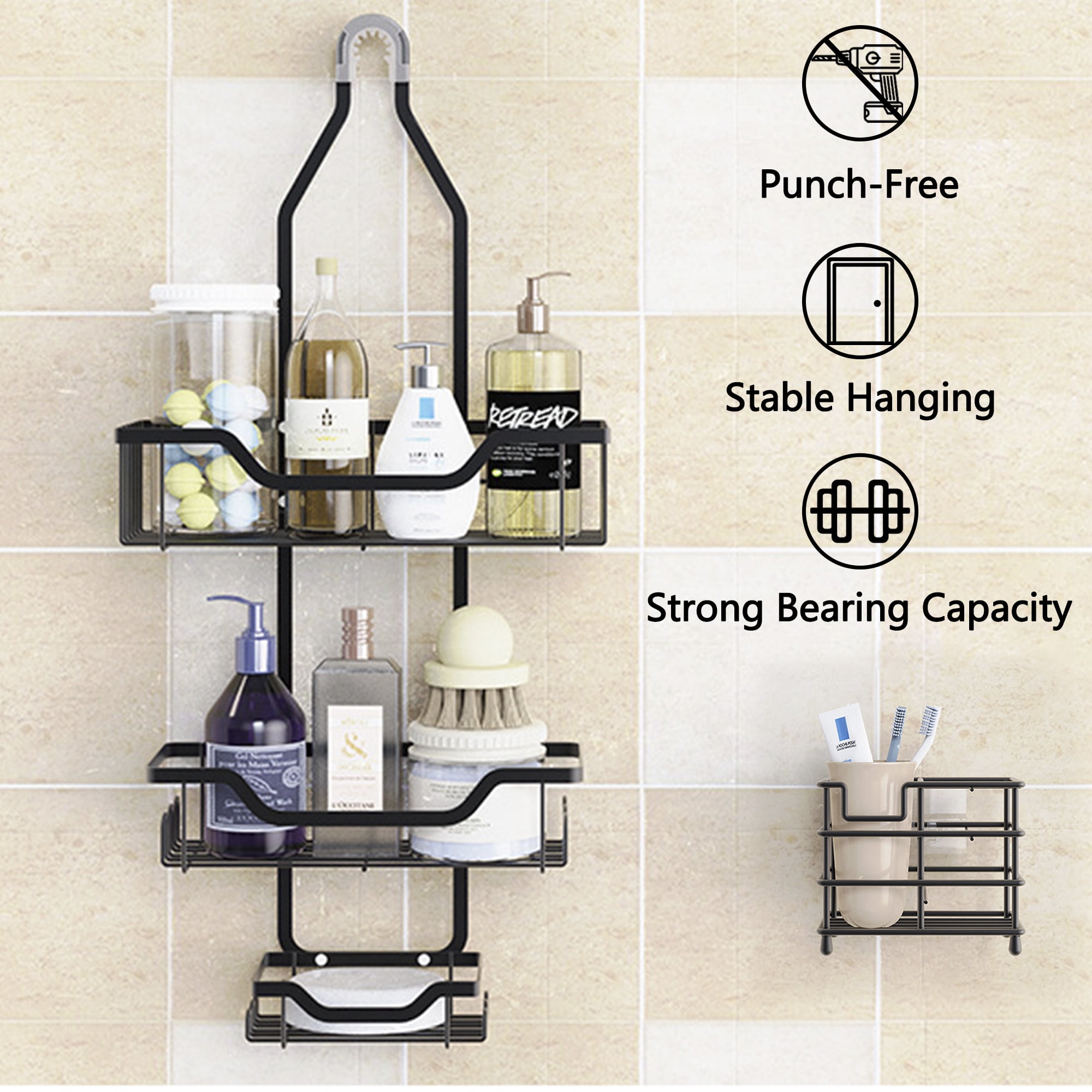 Over the Shower Head Shower Organizer, Hanging Bathroom Storage Rack with 12 Hooks, Shower Caddy with Toothbrush Holder