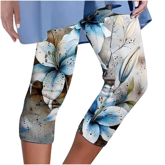 Kvture Capri Leggings for Women Yoga Workout Floral Print Pants Tummy Control Beach Cropped Trousers Lightweight Trousers Blue L