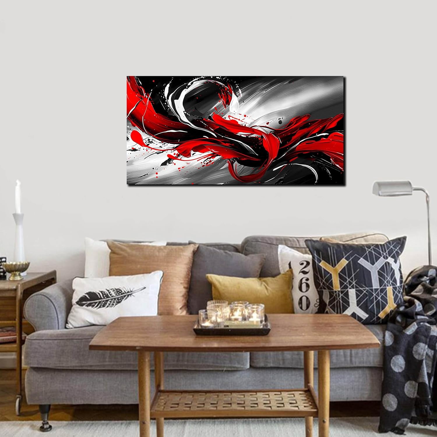 WFSposterBlack White and Red Abstract Print Picture Painting Large Canvas Wall Art for Living Room Bedroom Framed Canvas Wall Decor Modern Room Abstract Wall Decorations Artwork SizeReady to Hang