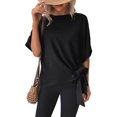 thumbnail image 1 of Camisa de manga corta para mujer, cuello redondo, dobladillo con nudo, Color puro, corte holgado, Top informal para mujer para citas, compras diarias, 1 of 6