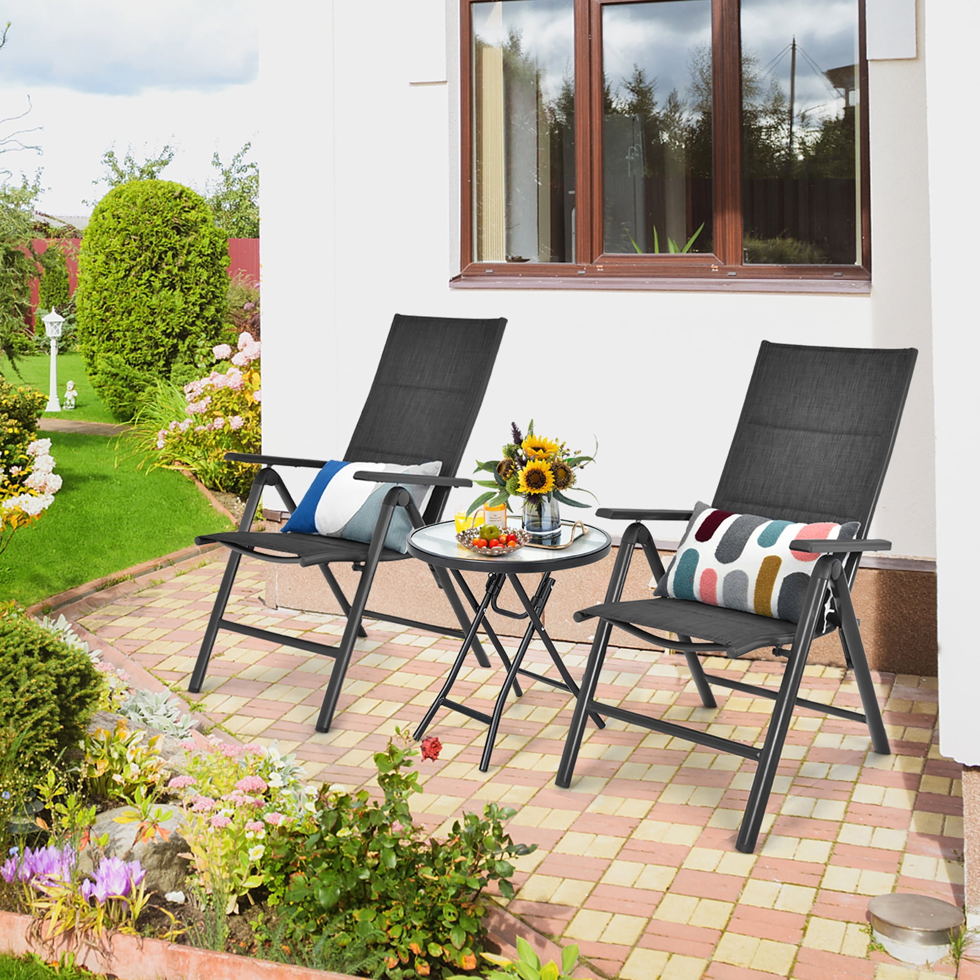 Gymax 18'' Patio Side Table Outdoor Folding Coffee Table w/ Tempered Glass Table Top
