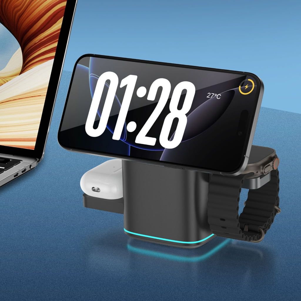 Magnetic 15W Fast Wireless Charging Rotating Metal Stand Station For Multiple Devices Phone Earphone Smartwatch Charging