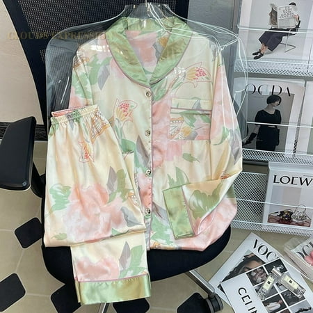 

QWZNDZGR Spring Elegant Ladies Faux Silk Polyester Pajama Sets Sexy Homewear Womens Casual Luxury Pajamas Panda Pajamas Female Sleepwear