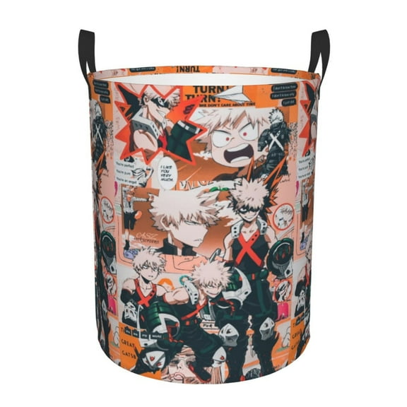 Katsuki Bakugo Laundry Basket Foldable Circular Dirty Clothes Toys Storage Organizer Bin Basket with Handles, Round Hamper For Bedroom Livingroom Bathroom