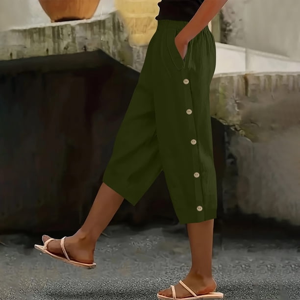 TaTaai Women's Casual 7/8 Length Pants Straight Leg Linen-Like Fabric with Elastic Waistband Side Pockets and Decorative Buttons for Spring Summer Outfits Gift
