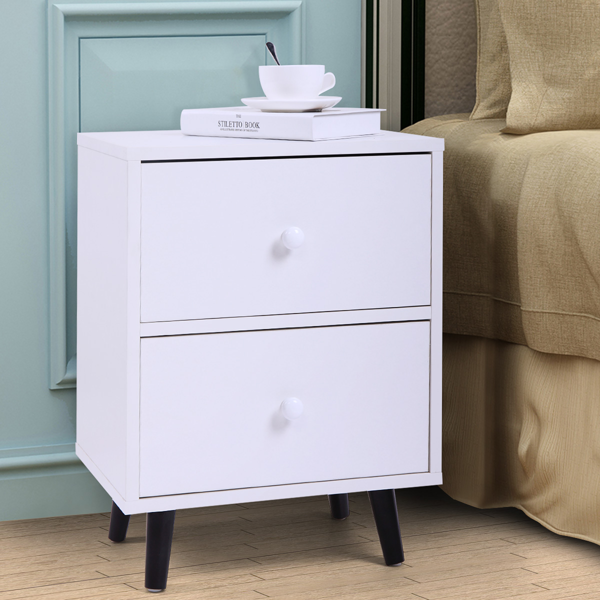 Jaxpety White End Table Bedside table Nightstand 2 Drawer Storage
