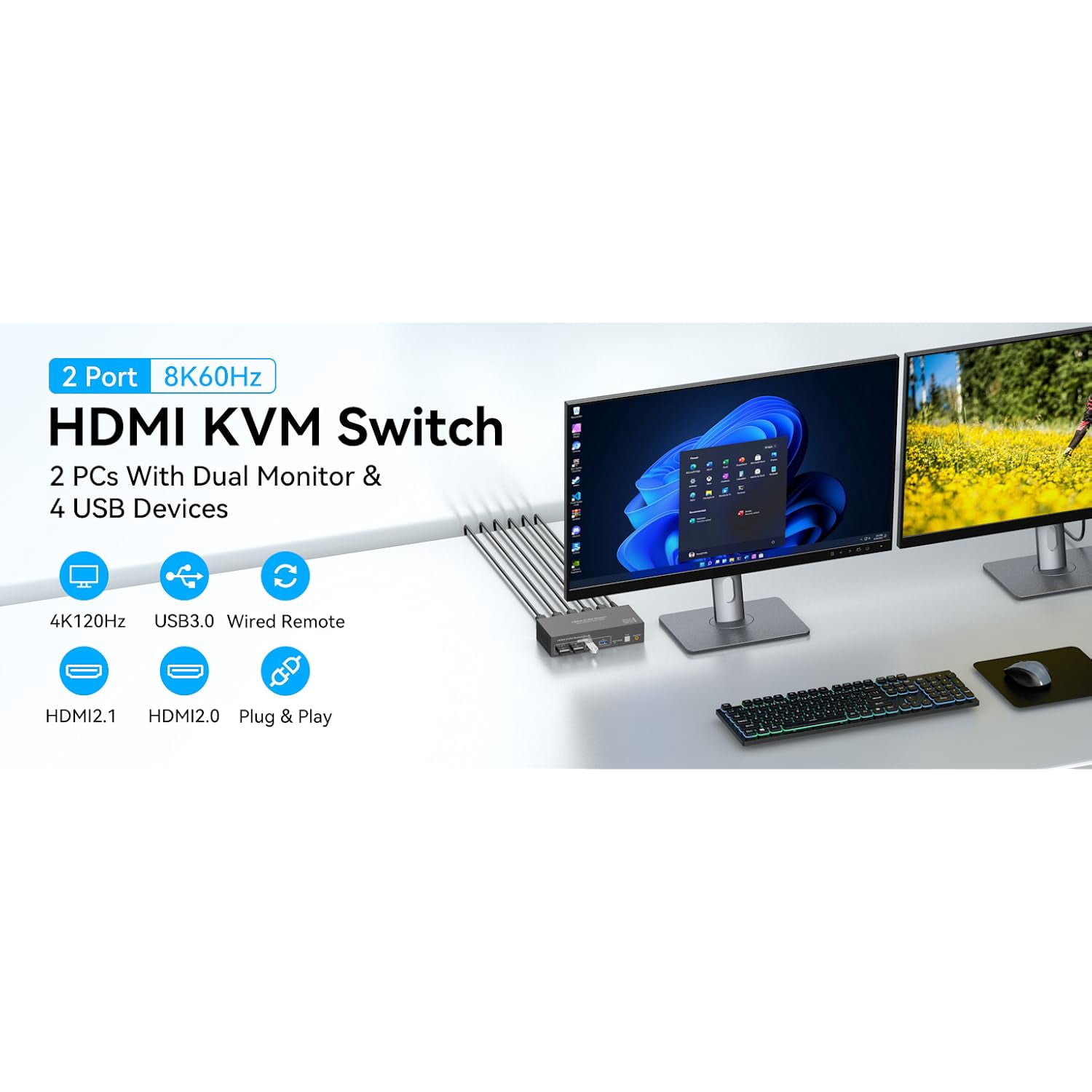 8K HDMI KVM Switch for 2 Monitors and 2 Computers – 8K@60Hz & 4K@120Hz, Dual Monitor KVM Switcher for 2 PCs, Share 4 USB 3.0 Devices, Supports Copy & Extend Mode, with External Accessories