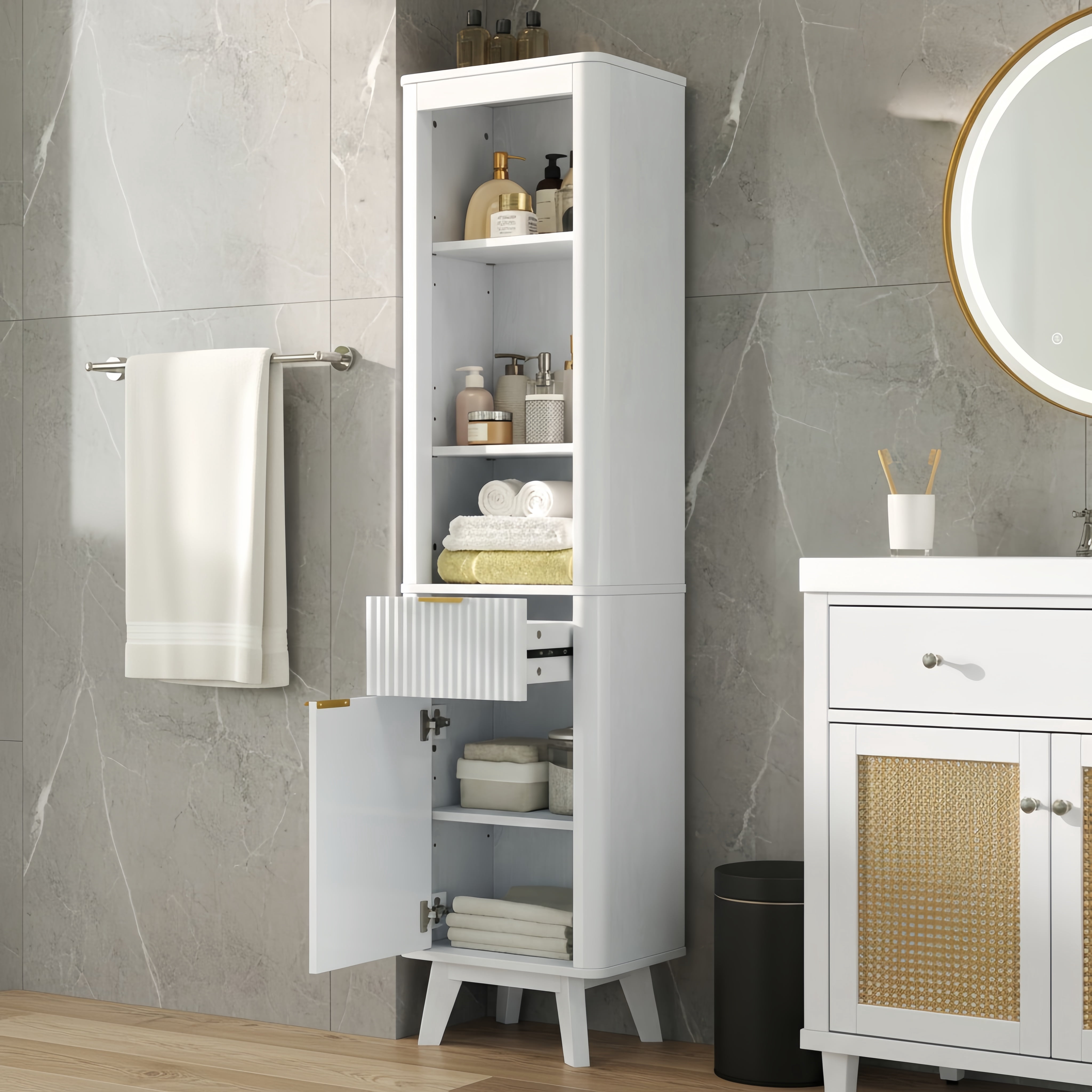 Leumius 68" H Tall Bathroom Storage Cabinet with Adjustable Shelves,One Drawer & Door, Storage Cabinet for Bathroom, Living Room, Entryway,White
