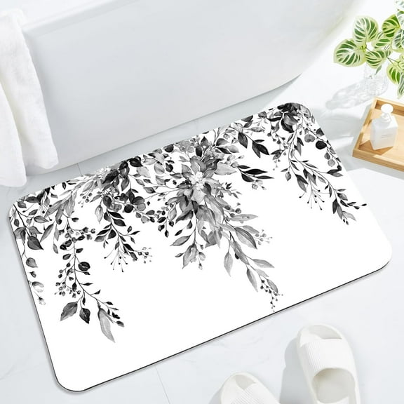 Eucalyptus Leaves Bath Mat Rug Super Absorbent Quick Dry Thin Bathroom Rugs Fit Under Door Non Slip Rubber Backed Bathroom Floor Mat for in Front of Bathtub Sink Shower (20"x32", Black)