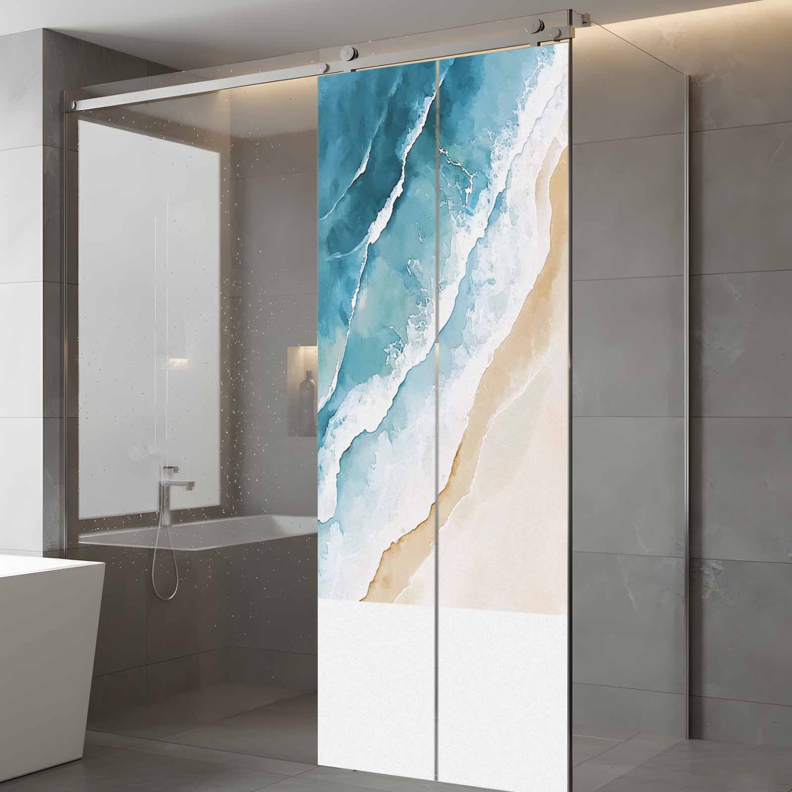 Beach Ocean Waves Window Privacy Film, Blue Watercolor Painting Frosted Glass Window Clings Static Cling UV Heat Blocking Reusable Door Sticker for Bathroom 23.6 x 59 Inch