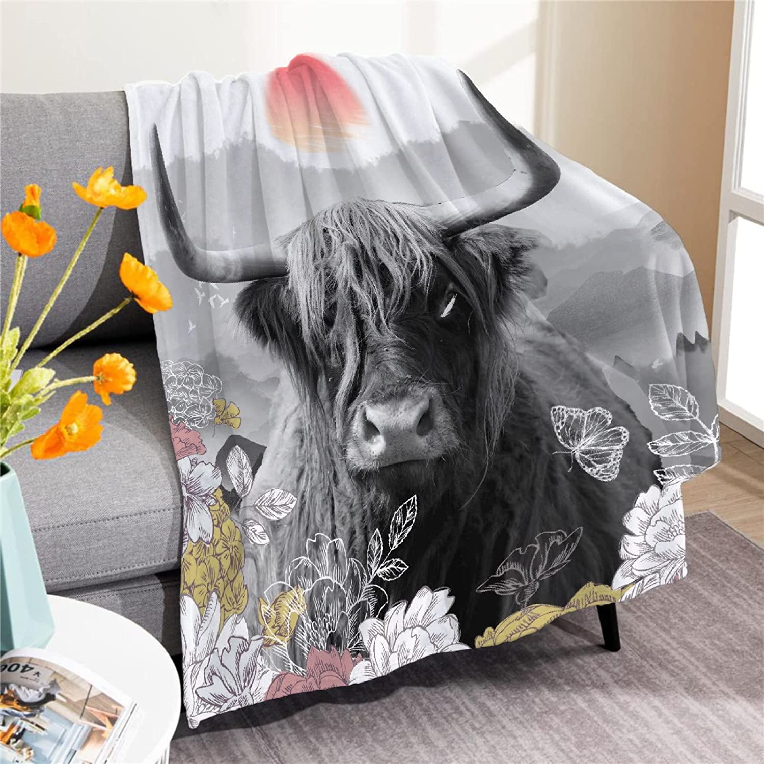Highland Cow Blanket, Rustic Cattle Flower Soft Throw Blanket,Boho