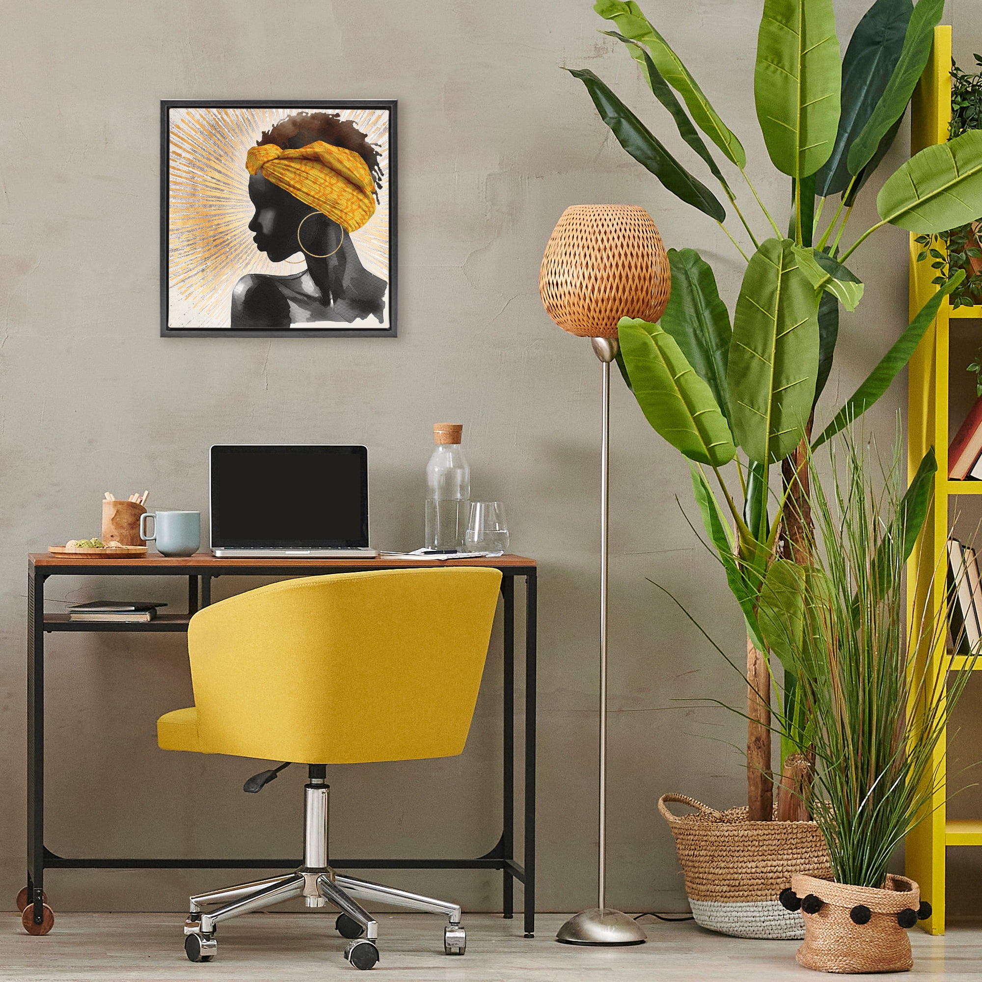 Stupell Industries Golden Sunburst Profile with Headwrap Black Framed Floater Canvas Wall Art, design by CAD Designs