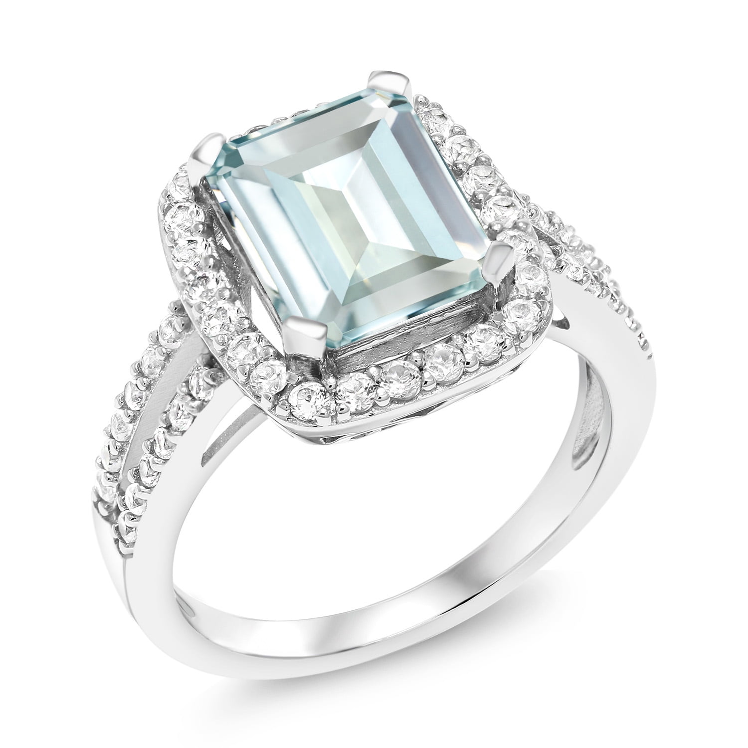 Gem Stone King 3.68 Cttw Sky Blue Simulated Aquamarine Engagement Ring for Women | 925 Sterling Silver | Emerald Cut 10X8MM | Wedding Engagement Anniversary Promise Ring for Women | Size 7